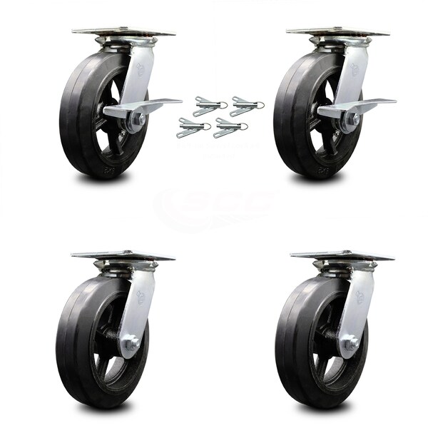 Service Caster 8 Inch Rubber on Steel Caster Set with Roller Bearing 4 Swivel Lock and 2 Brake SCC-35S820-RSR-SLB-BSL-2-BSL-2 - main